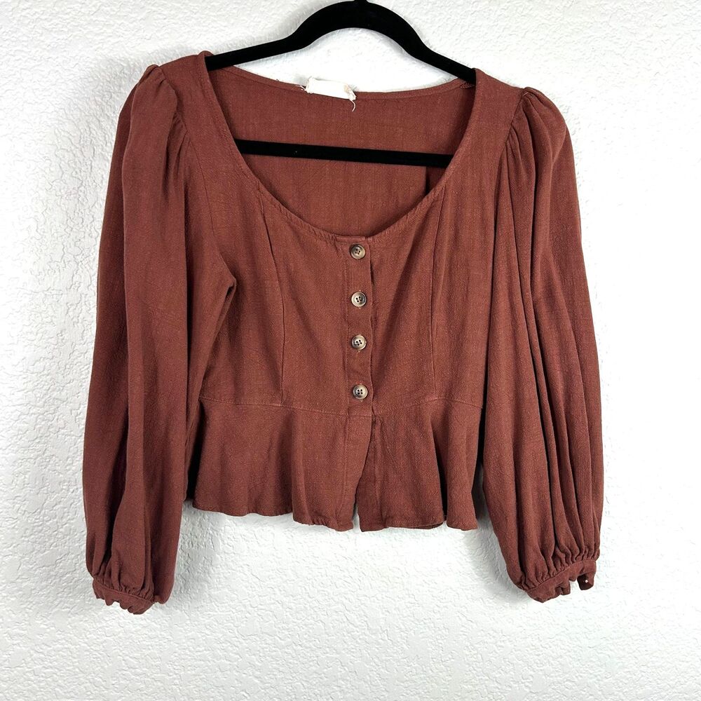 Altar'd State Women's Crop Top Rust Long Sleeve Peplum Button Size XS